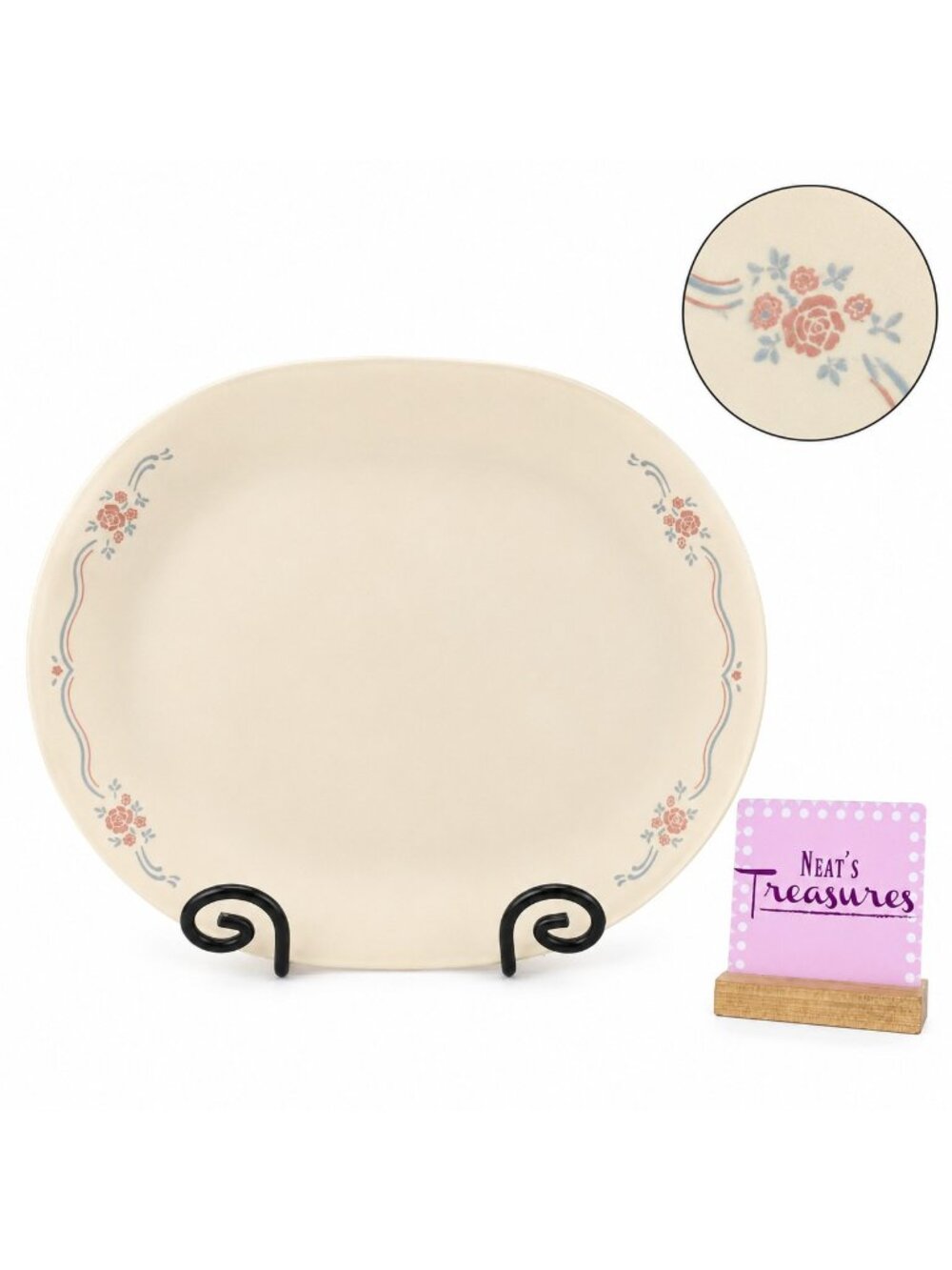 Corelle Corning ENGLISH BREAKFST Sandstone Floral Blue Pink Lines Oval Platter